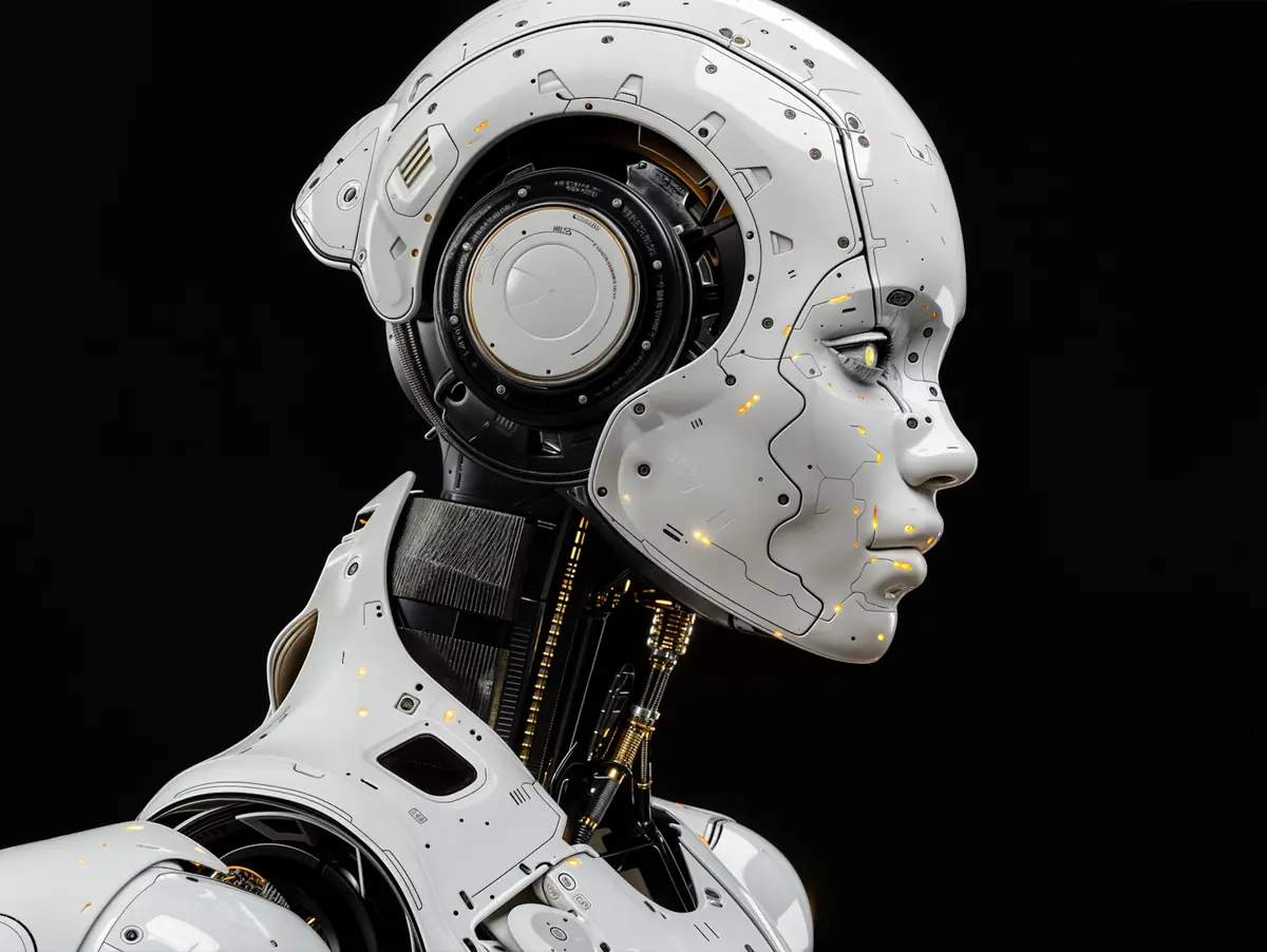Profil d'un robot humanoïde blanc aux détails mécaniques dorés sur fond noir