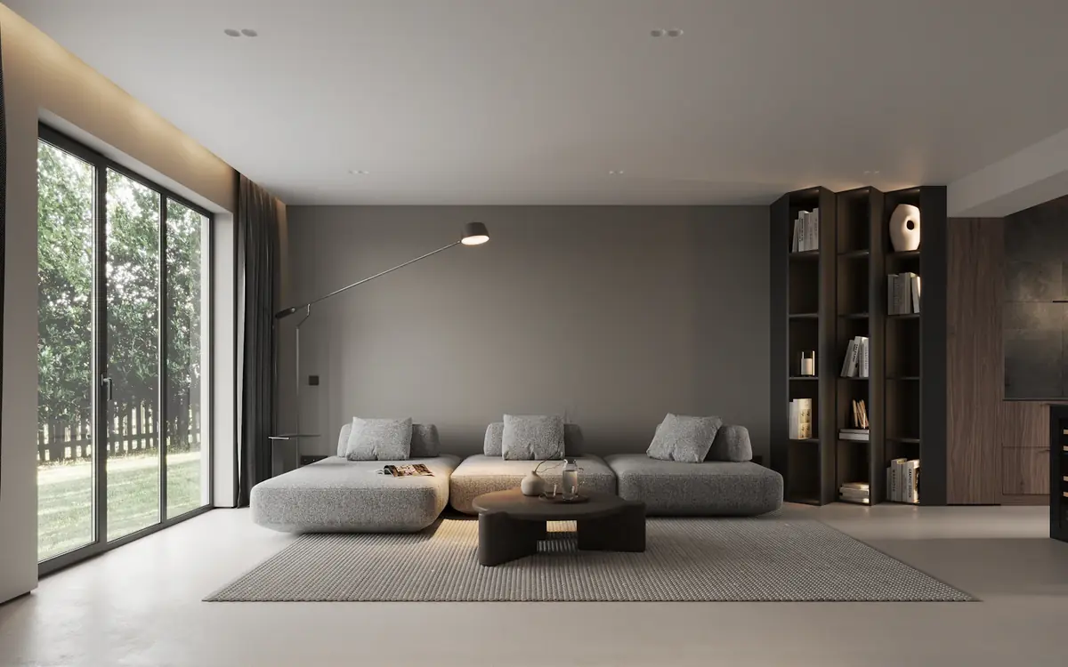Salon contemporain sobre et lumineux ouvert sur un jardin, décor d'un foyer futur