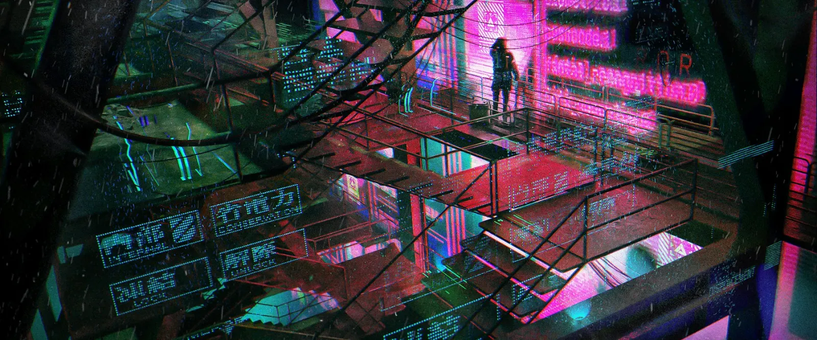 Illustration 3D : une silhouette sur une passerelle dans une ville futuriste saturée de néons roses et verts sous la pluie