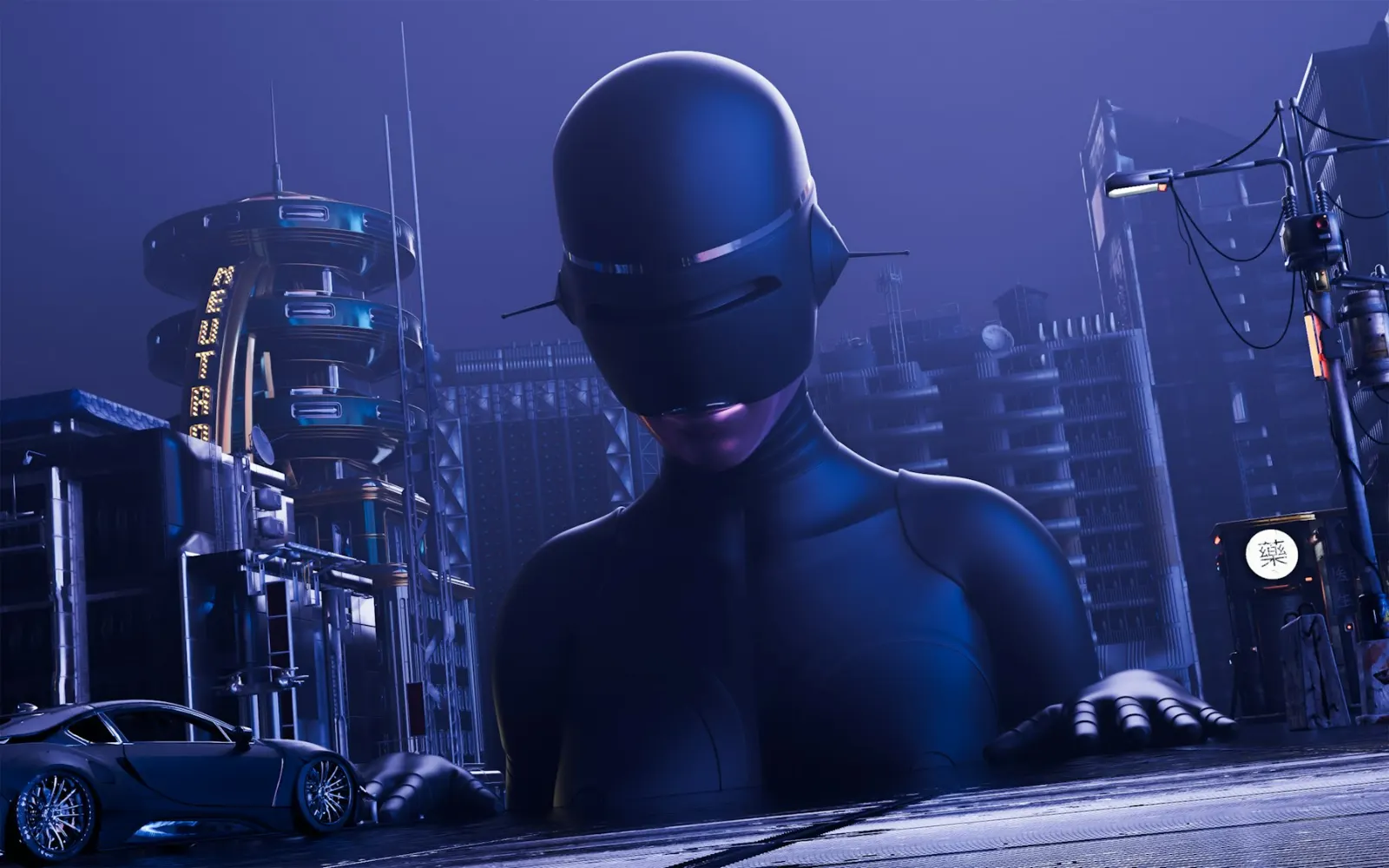 Illustration 3D : une silhouette d'androïde géante domine une ville futuriste bleutée, au milieu de tours et d'une voiture